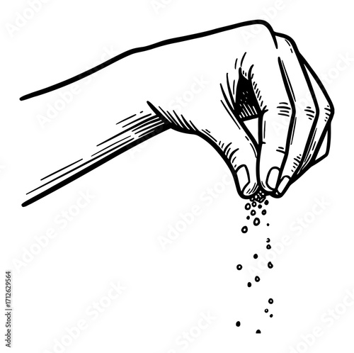 Hand Sprinkling Salt Grains or Spice from Fingers Black and White Outline Line Art Drawing