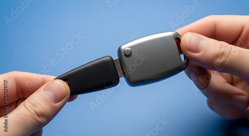 Person holding a car key with a detachable USB drive.