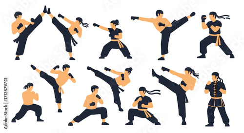 Martial arts silhouettes set, karate fighters in various defensive and offensive poses