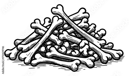 Pile of Bones Black and White Outline Line Art Drawing of Skeleton Parts Ancient Style Isolated