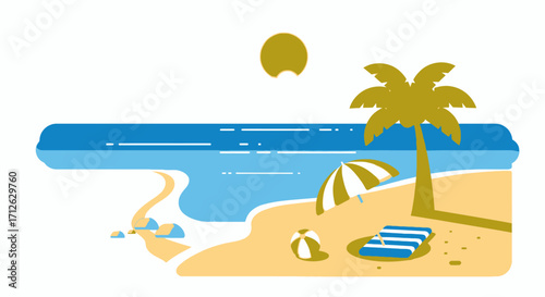 Tropical Beach Scene Vector Illustration with Palm Tree and Summer Elements