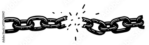 Long Broken Chain Exploding Apart Showing Concept of Freedom and Weakness Black and White Outline Line Art Drawing