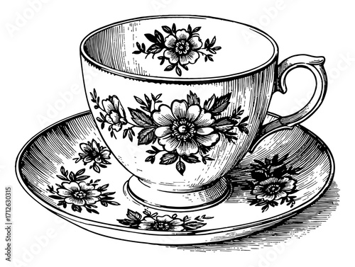 Antique Porcelain Tea Cup and Saucer with Floral Motives Black and White Outline Line Art Drawing