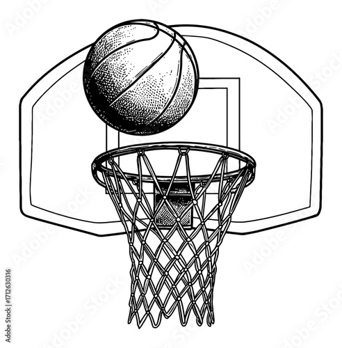 Dynamic Basketball Hoop and Ball Detailed Engraving Black and White Outline Line Art Drawing Illustration