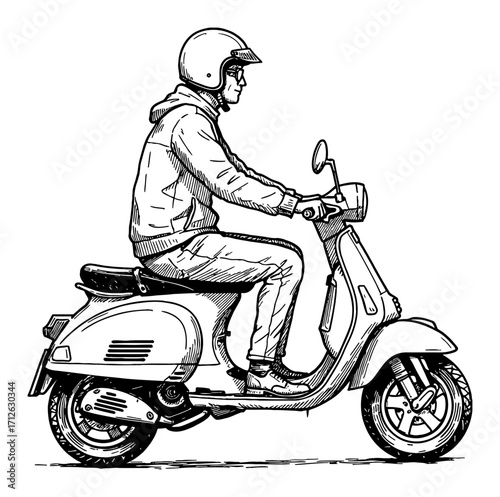 Man Riding Classic Vespa Scooter Side View Black and White Outline Line Art Drawing Illustration