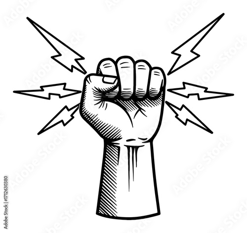 Powerful Raised Fist Holding Dynamic Lightning Bolts Inside Hand Black and White Outline Line Art Drawing Image