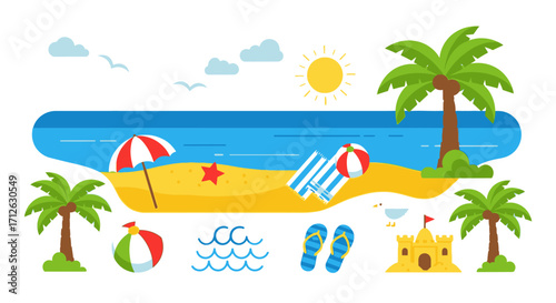 Vibrant Beach Scene with Palm Trees and Summer Elements Illustration