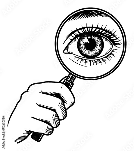 Human Eye Seen Through Magnifying Glass Held by Hand Cartoon Style Black and White Outline Line Art Drawing