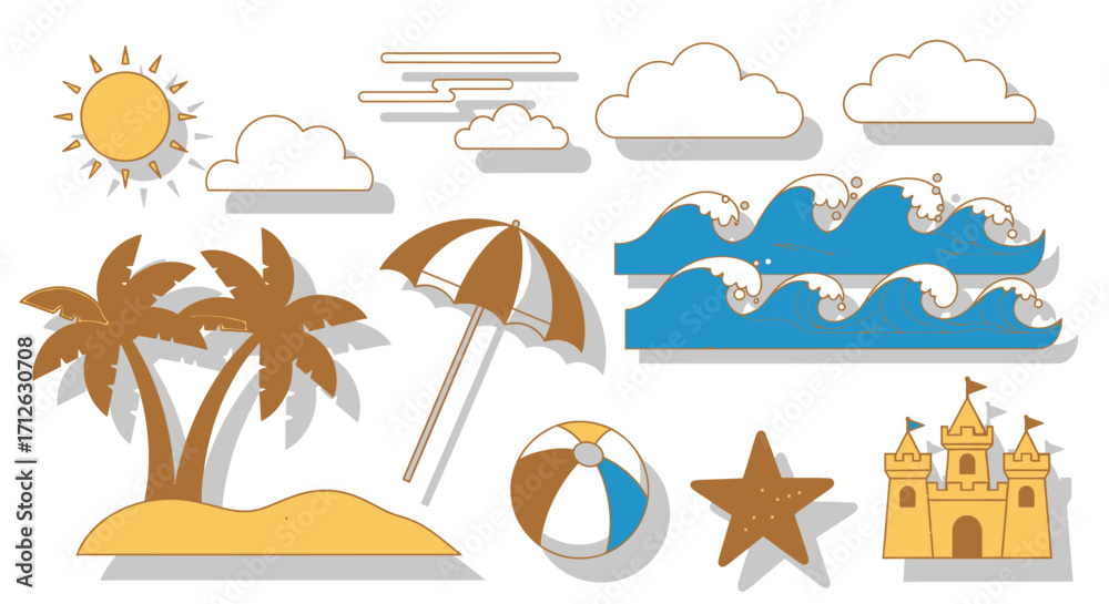 Obraz premium Summer Holiday Beach Elements with Palm Trees Waves Sandcastle