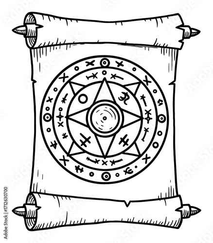 Ancient Magic Circle Symbol Engraved on Scroll Black and White Outline Line Art Drawing Illustration
