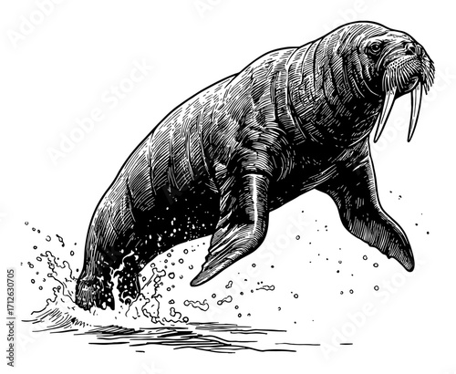 Powerful Walrus Jumping Out of the Water Black and White Outline Line Art Drawing Style