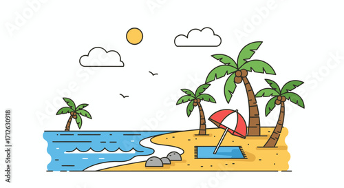 Tropical Paradise Beach Scene with Palm Trees Sun and Ocean