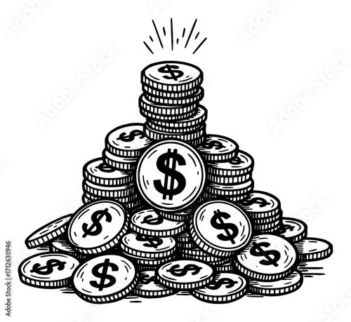 A giant pile of shining dollar currency coins with a prominent symbol in a vintage hand drawn Black and White Outline Line Art Drawing