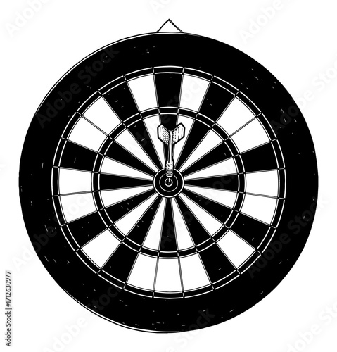 Dart Board with Dart Hitting Bullseye Front View Black and White Outline Line Art Drawing Vector Isolated Object