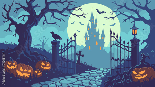 Haunted Halloween Night Background with Pumpkins and Spooky Castle