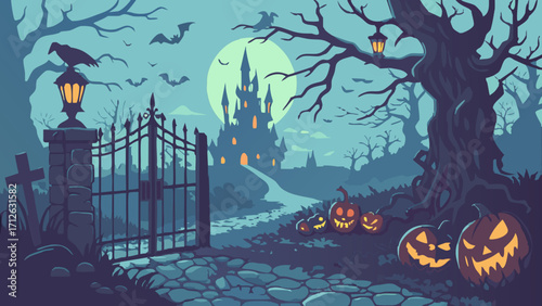 Scary Halloween Background with Haunted House and Bats