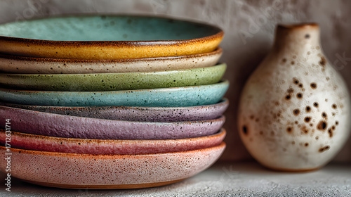 Stack of colorful ceramic plates and vase