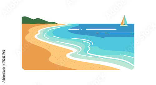 Serene Beach Scene with Sailboat and Rolling Waves Illustration