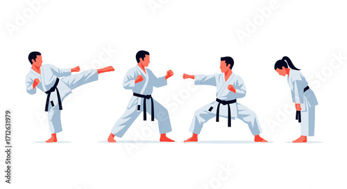 Karate Martial Art Poses Flat Design Illustration Set Isolated