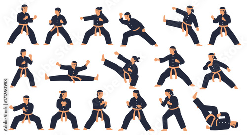 Martial Arts Fighter Set Silhouettes Karate Training Defense Techniques