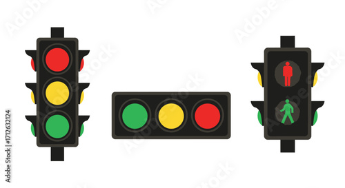 Traffic signals in red yellow green with pedestrian crossing lights