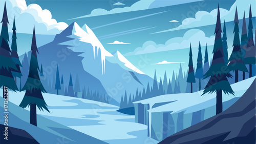 A snowy valley where the trees stand tall and proud adorned with delicate icicles and a thick layer of snow on their branches.