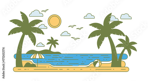 Tropical Island Line Art Summer Vacation Beach Scene With Palm Trees