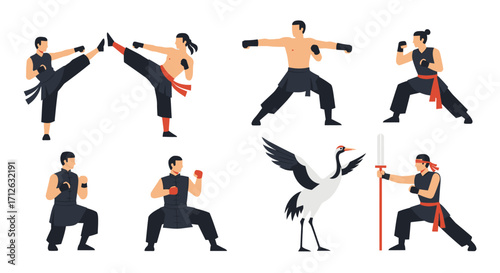 Martial Arts Fighters Illustration with Crane and Weapon