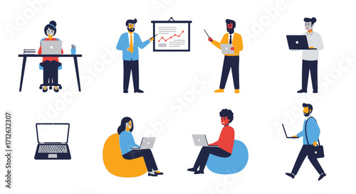 Diverse Individuals Working with Laptops Flat Vector Illustration Set