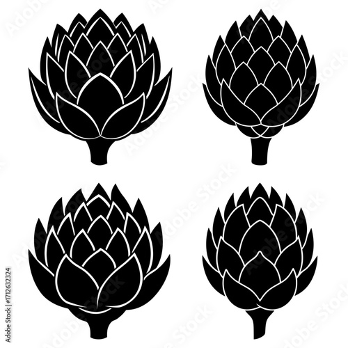 Four black artichoke illustrations arranged in a square pattern on a white background image design art