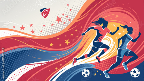 Bold abstract NWSL background with dynamic motion streaks and soccer graphics with copy space