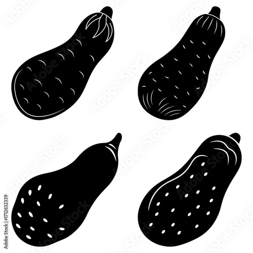 Four black and white stylized zucchini vegetables in varying patterns and orientations on white background