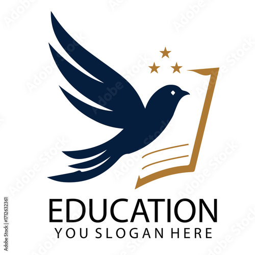 education logo with flying bird, book and stars
