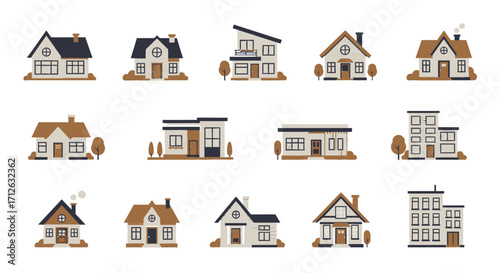 Minimalist Houses Set Different Architectural Styles Residential Buildings Collection