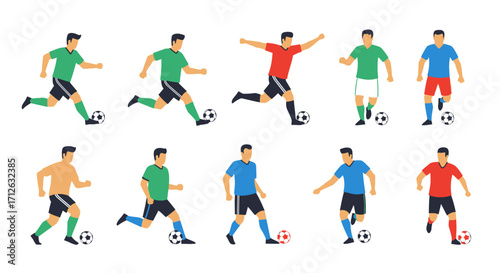 Soccer Players Flat Vector Style Actions with Ball Isolated on White