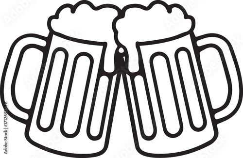 Beer mugs clinking with foam outline illustration