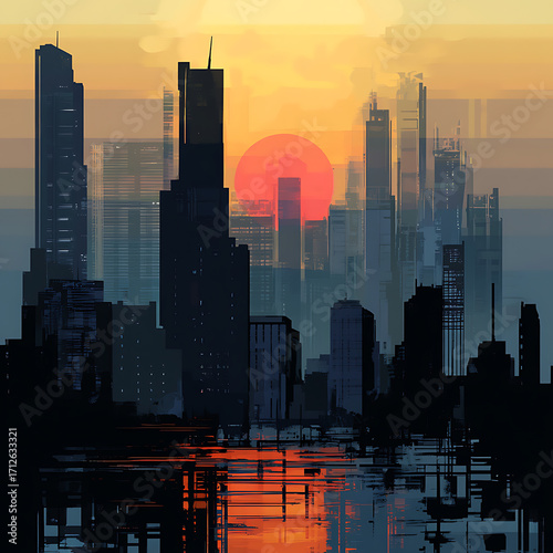 Wallpaper Mural Beautiful urban sunset skyline with glowing sun and high-rise buildings high resolution picture Torontodigital.ca
