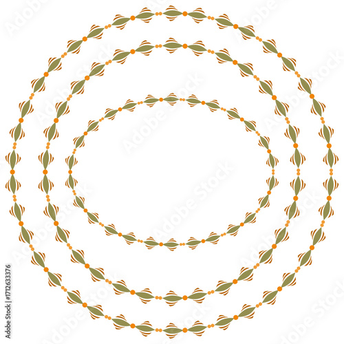 Set of ornamental geometric round frame. Fantasy ornament of curved lines. Seasonal pattern in autumnal colors on white background