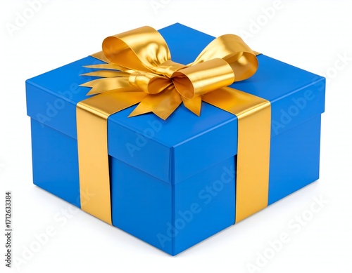 Blue Gift Box with Gold Bow, Present, and Isolated.