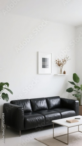 Minimalist living room with black leather sofa, white coffee table, and indoor plants