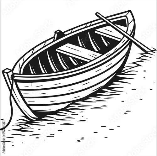 Pen and Ink Drawing of a Wooden Rowboat on Calm Water