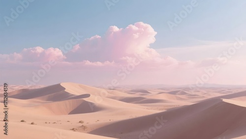 Vast desert landscape with rolling sand dunes under a clear sky with soft clouds