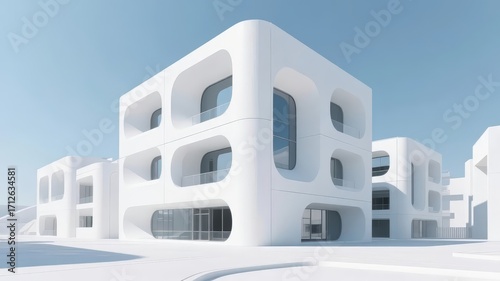 Modern white architectural structure with curved windows and geometric design under clear blue sky