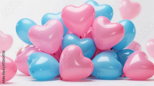 A cluster of pink and blue heart-shaped balloons arranged together on a light background.