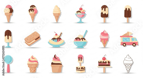 Assortment of ice cream icons, featuring cones, sundaes, popsicles, and a vintage ice cream truck for dessert and summer themes