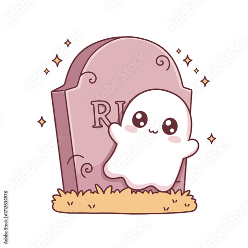 Happy tombstone with smiling ghost, cheerful mood, kawaii vector illustration for Halloween design