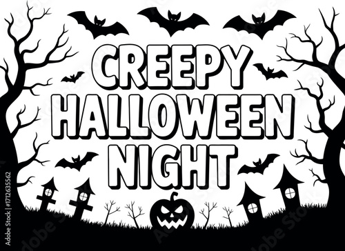 Spooky Halloween night with bats, pumpkins, and haunted trees under a full moon.