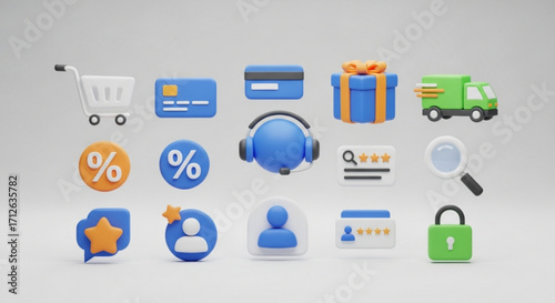 Set of 3d ecommerce icons, featuring shopping cart, credit card, gift box, delivery truck, discount, headset, and security lock