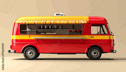 Bright red and yellow food truck with a classic design, open service window, and striped awning, symbolizing mobile culinary business and vibrant street food culture