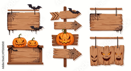 Assortment of festive and spooky Halloween wooden signs, adorned with carved pumpkins, flying bats, and intricate spiderwebs, ideal for autumn holiday decoration or seasonal design elements